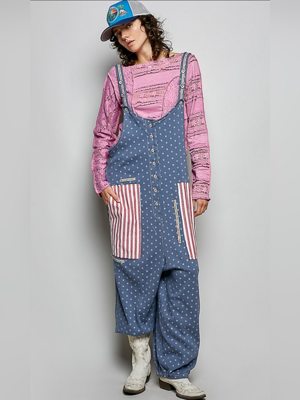 #1614 POL Stars & Stripes Boho Overall Jumpsuit
